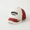 Red and white kids' winter baseball cap with plush lamb wool and quilted red fabric - 48-52cm / Brooklyn Embroidery (Style B) / Burgundy