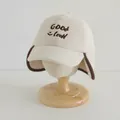Creamy white plush winter baseball cap with earflaps and GOOD luck embroidery - Kids 2-6 Years / GOOD Beige