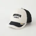 Kids warm winter baseball cap in cream lamb wool and black quilted fabric with embroidery - 48-52cm / Brooklyn Embroidery (Style B) / Black