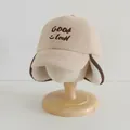 Beige fleece baby trapper hat with GOOD Luck embroidery and ear flaps for winter - Kids 2-6 Years / GOOD Khaki