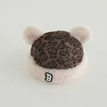 Toddler winter hat with leopard print, plush faux fur ears, and letter B patch - Dark Coffee B-Letter