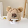 Khaki knitted baby winter hat with faux fur bear ears and lucky bear embroidery - Style 3 Khaki