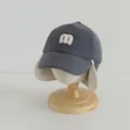 Dark gray fleece baseball cap with earflaps, lamb velvet lining, and white m letter embroidery - Kids 2-6 Years / M Label Grey