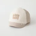 Kids baseball cap featuring white faux shearling teddy fur and khaki quilted brim - 48-52cm / Good Days Embroidery (Style D) / Khaki
