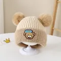 Beige baby knit earflap hat with brown pom-poms and lucky bear patch for winter warmth - Type 4 Beige