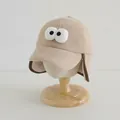 Khaki fleece honkbalpet voor peuters met oorkleppen en decoratieve cartoonogen - 3D Grote Ogen Stijl / Khaki