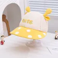 Detail of baby summer sun hat featuring breathable mesh, CUTE embroidery and yellow polka dots - 48-50cm / Yellow