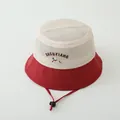 Kids summer bucket hat in cream and red mesh with cartoon puppy embroidery and chin strap - 50-52cm / Jujube Red