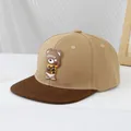 Detail of khaki baseball cap with a cute bear patch and flat brim for kids and youth - 50-54cm (3-10 Years) / Khaki and Deep Brown