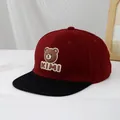 Kids flat brim baseball cap in burgundy and black featuring KIMI bear patch - 50-54cm (3-10 Years) / Wine Red & Black
