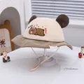 Corduroy baby bucket hat with cute bear ears and embroidery in beige and brown - Light Coffee Patchwork Beige