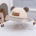 Detail of corduroy baby bucket hat with bear ears, embroidery and adjustable wind rope - Gray & Beige