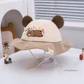 Cute baby corduroy fisherman hat with bear ears, embroidery and adjustable strap - Dark Coffee Patchwork Beige