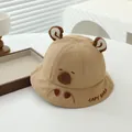 Detailed embroidery of Capy Bara text and cute animal ears on beige cotton sun hat - 48-50cm / Khaki