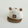 Detail of baby bear baseball cap with 3D ears and cartoon patch on cotton fabric - Toddler One Size / Beige