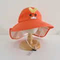 Detail of kids orange sun hat featuring cartoon embroidery and long protective neck flap - Children approx 2-7 Years / Orange