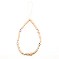 Detail of pink evil eye beaded phone strap with gold heart charm and peach beads - Eye Pink Seed Beads