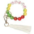 Detailed view of Christmas elk beaded keychain with colorful wooden beads and white tassel - White