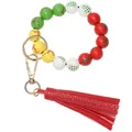 Detail of Christmas reindeer wooden bead keychain with red PU leather tassel and gold ring - Red