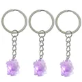 Set of three purple crystal stone keychains with polished silver metal rings on white base - Amethyst Raw Stone