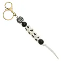 Detail of beaded keychain with leopard print, black beads, MAMA letters and white tassel - Black Style (MAMA)