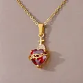 Golden heart necklace with red gem, thorn detail and cross pendant on a link chain - Red Heart Cross Pendant Necklace (XL4031)