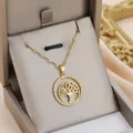 18K gold plated tree of life double ring pendant necklace with white zircon in a gift box - Hollow Highlight Tree of Life Style (XL1363)