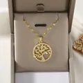 Golden Tree of Life necklace with zircon leaf details presented in a velvet jewelry box - Hollow Tree of Life Style (XL1188)