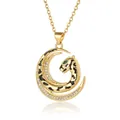 Golden crescent moon necklace with leopard head pendant and green zircon eye detail - Leopard Crescent Moon Pendant (XL1358)
