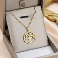 Gold plated tree of life pendant necklace with cubic zirconia and heart leaves - Heart Leaf Tree of Life Style (XL1365)