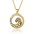 Golden round leopard head pendant necklace with green gemstone eyes and white zircons - Leopard Round Ring Pendant (XL1357)