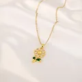 Golden flower pendant necklace with white and yellow zircons and green emerald leaves - Floral Necklace (XL1302)