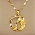 Gold dragon and princess pendant necklace with zircon halo on textured fabric - Dragon And Princess Relief Style (XL1924)