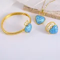 3-piece gold alloy jewelry set with blue opal hearts, including necklace, ring, and bangle - Necklace And Bracelet And Ring (TZ208)