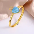 Golden heart-shaped open cuff bangle with blue opal stone and zircon accents - Heart Opal Bracelet (TZ208-bracelet)