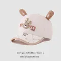 Detail of baby baseball cap with 3D bunny ears and cute embroidery on a stylish brim - 48-52cm / Khaki