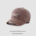 Casquette de baseball marron lavé pour enfants avec broderie ROK et motif smiley bleu - 50-54cm / café
