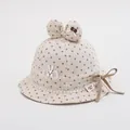 Cute beige polka dot baby sun hat with bunny ears and lace trim for toddler girls - 48-50cm / Coffee Bow Tie Design