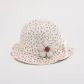 Close-up of floral baby sun hat with plaid flower decoration and delicate white bow detail - Toddler Size / Off-White Pink Floral