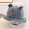 Sombrero de pescador vaquero para niños con orejas de gato y bordado - 48-50cm / Gato Negro Gris