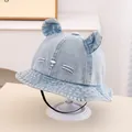 Light blue denim baby bucket hat with 3D cat ears and adjustable windproof strap - 48-50cm / Light Denim Blue Cat