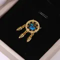 Bohemian copper gold plated dreamcatcher pendant necklace with blue zircon and leaves - Sea Blue Starry Dreamcatcher Style (XL2774)