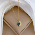Gold moon and star pendant necklace with blue celestial stone and zircon accents - Gold + Cross Chain - Starry Sky Moon