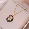 Ovale Rosen-Wachssiegel-Halskette mit rosa Birnenstein und Zirkon-Inlay in Gold - Schwarzes Emaille Pinker Zirkon (XL3027-BlackPink)