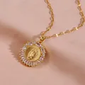 Gold-plated Virgin Mary pendant necklace with sparkling cubic zirconia on soft fabric - Round Virgin Mary Style (XL3018)