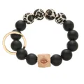 Detail of silicone beaded keychain bracelet with leopard print and engraved evil eye wood bead - Single Ring Style (9092-O0103)