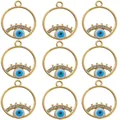 Lot de neuf breloques œil grec dorées avec résine bleue et cristaux étincelants - Pendentif Cercle Oeil Bleu Base Dorée
