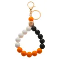 Detail of silicone beaded wristlet keychain with orange beads and engraved wood bead - Lobster Clasp Style (9092-O0402)