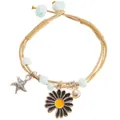 Detailed shot of woven rope bracelet featuring starfish, daisy charms and blue frosted beads - Black Daisy