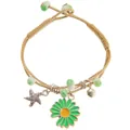 Detail of adjustable woven rope bracelet with starfish, daisy, and bell charms - Green Daisy